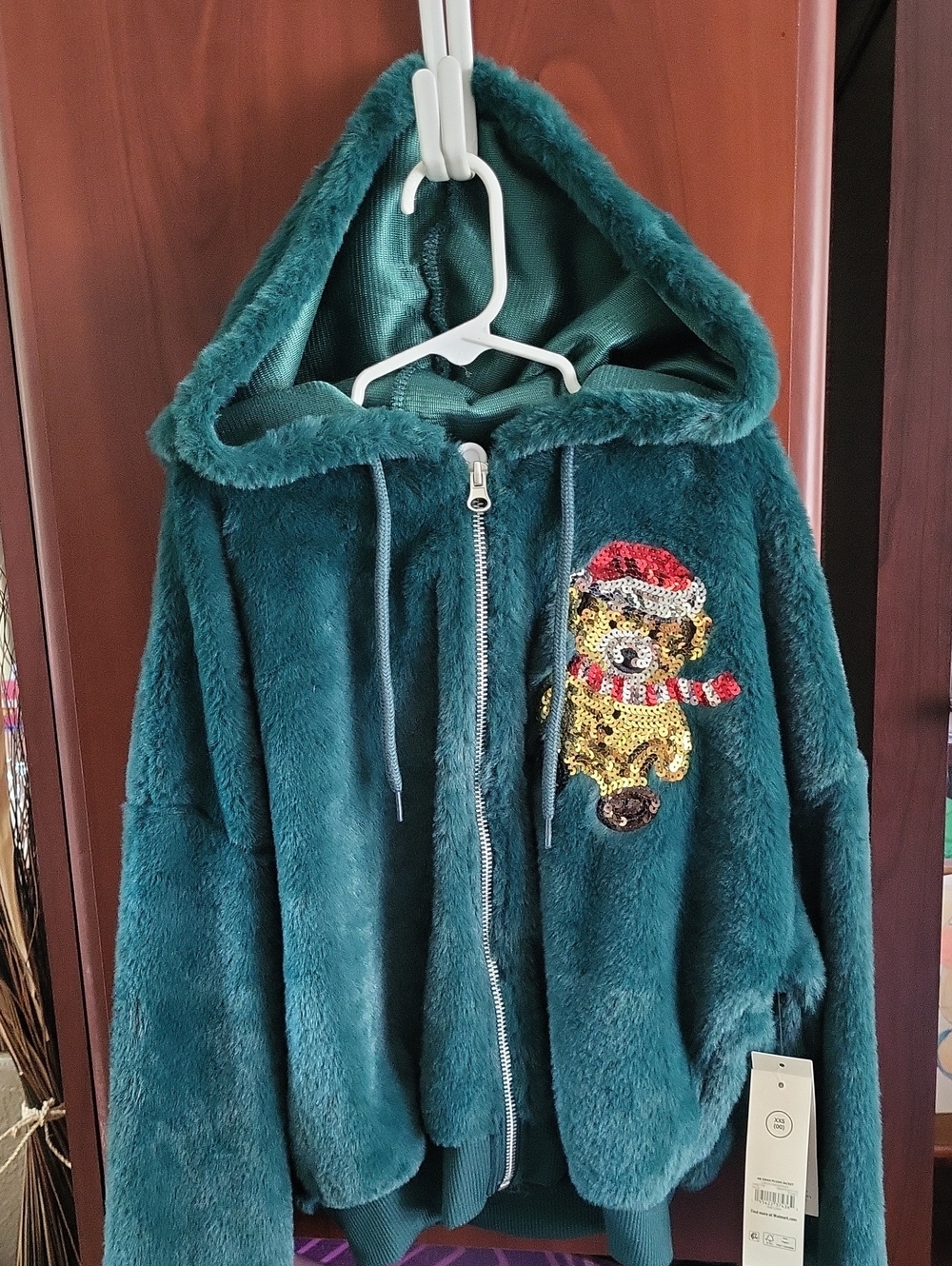 No Boundaries Teal Faux-Fur Hooded Puffer with Sequin Bear Patch